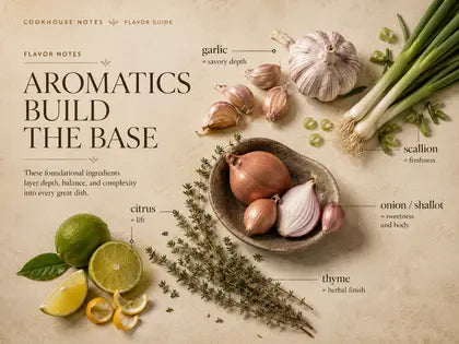 Aromatics board with garlic, scallion, onion, lime, thyme, and herbs