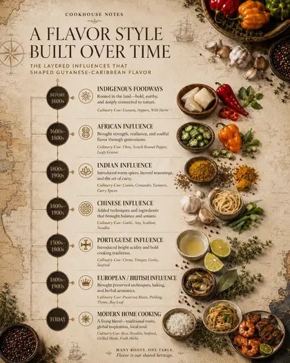Timeline-style visual of Guyanese-Caribbean flavor influences with ingredients and dishes