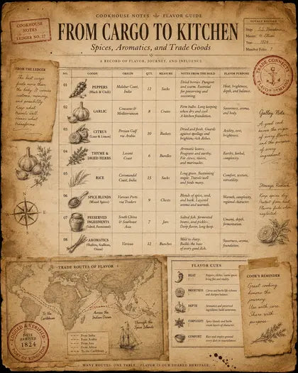 Ledger-style visual showing cargo, kitchen ingredients, and recipe inspiration