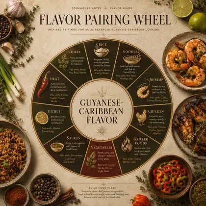 Flavor pairing wheel for Guyanese-Caribbean flavor with meals, sauces, and ingredients