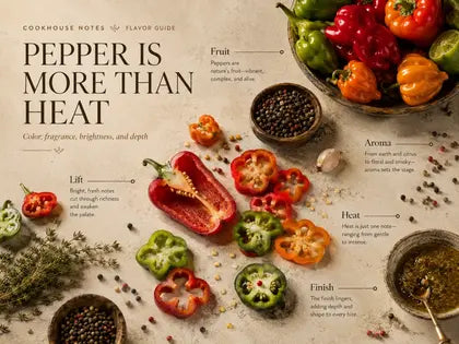 Educational pepper board showing fresh peppers, sauce, aromatics, citrus, and spices