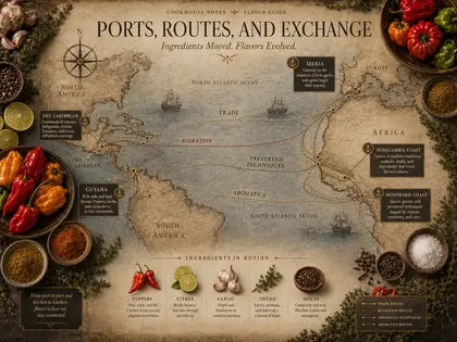 Antique map-style visual of ports, routes, and exchange with peppers, herbs, citrus, and spices