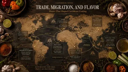 Map-inspired visual story about trade routes, migration, ingredients, and Guyanese-Caribbean flavor