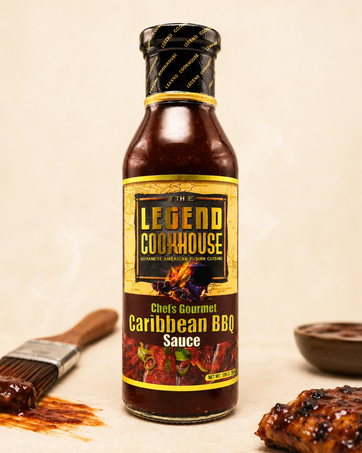 Legend Caribbean BBQ Sauce bottle on a warm cream product card background