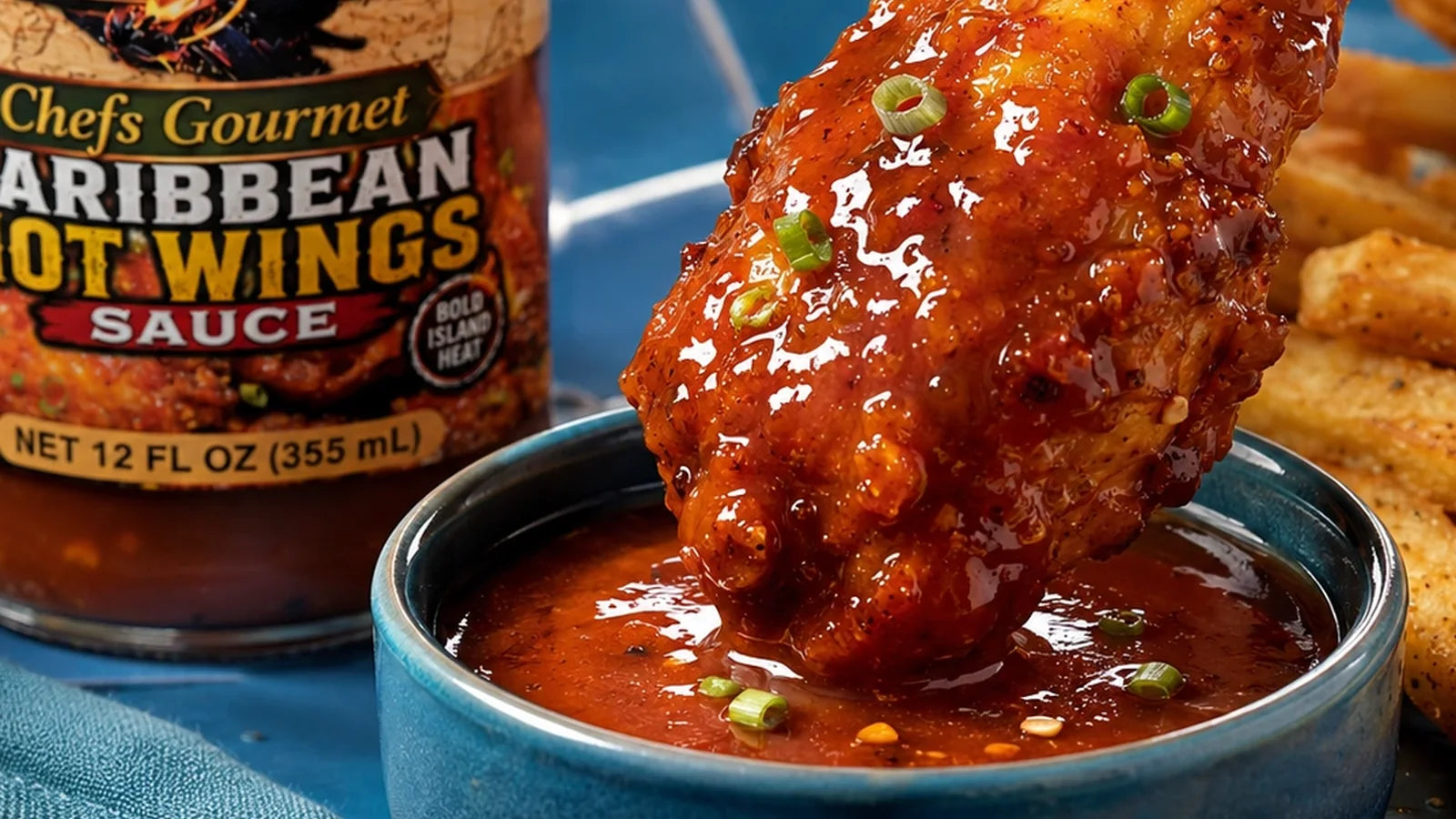 Crispy snack dipped in sauce for Legend Chefs dipping and seafood sauces