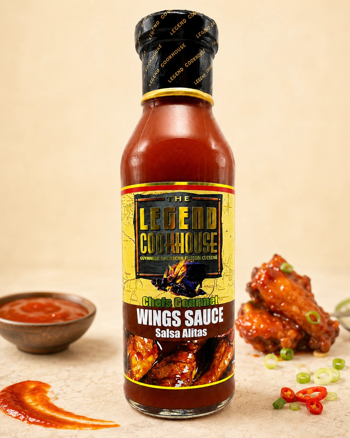 Legend Wings Sauce bottle on a warm cream product card background