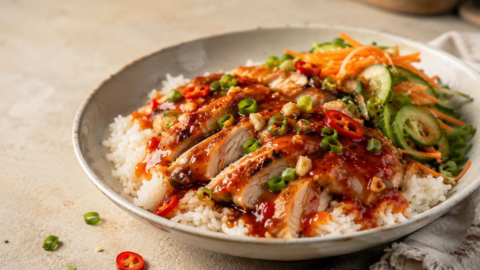Pepper sauce garlic chicken rice bowls with rice, chicken, scallions, and vegetables