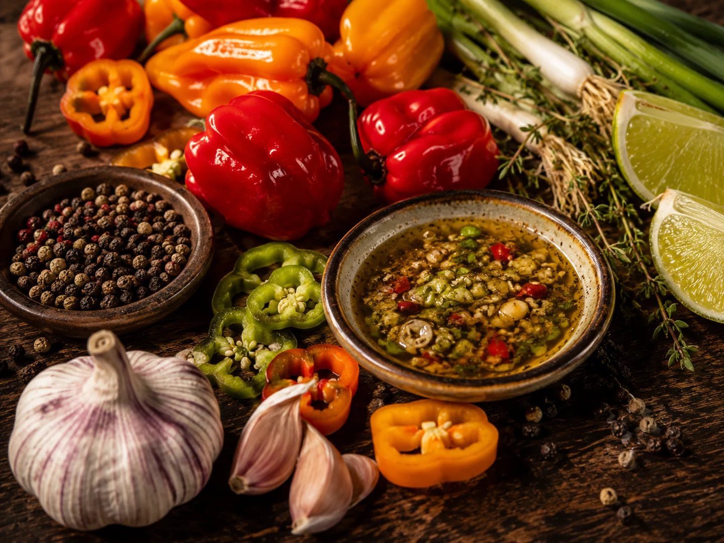 Clean ingredient board with peppers, garlic, scallions, lime, herbs, spices, and sauce cues for a Guyanese-Caribbean flavor guide.