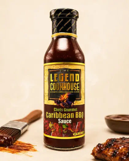 Legend Caribbean BBQ Sauce bottle on a warm cream product card background