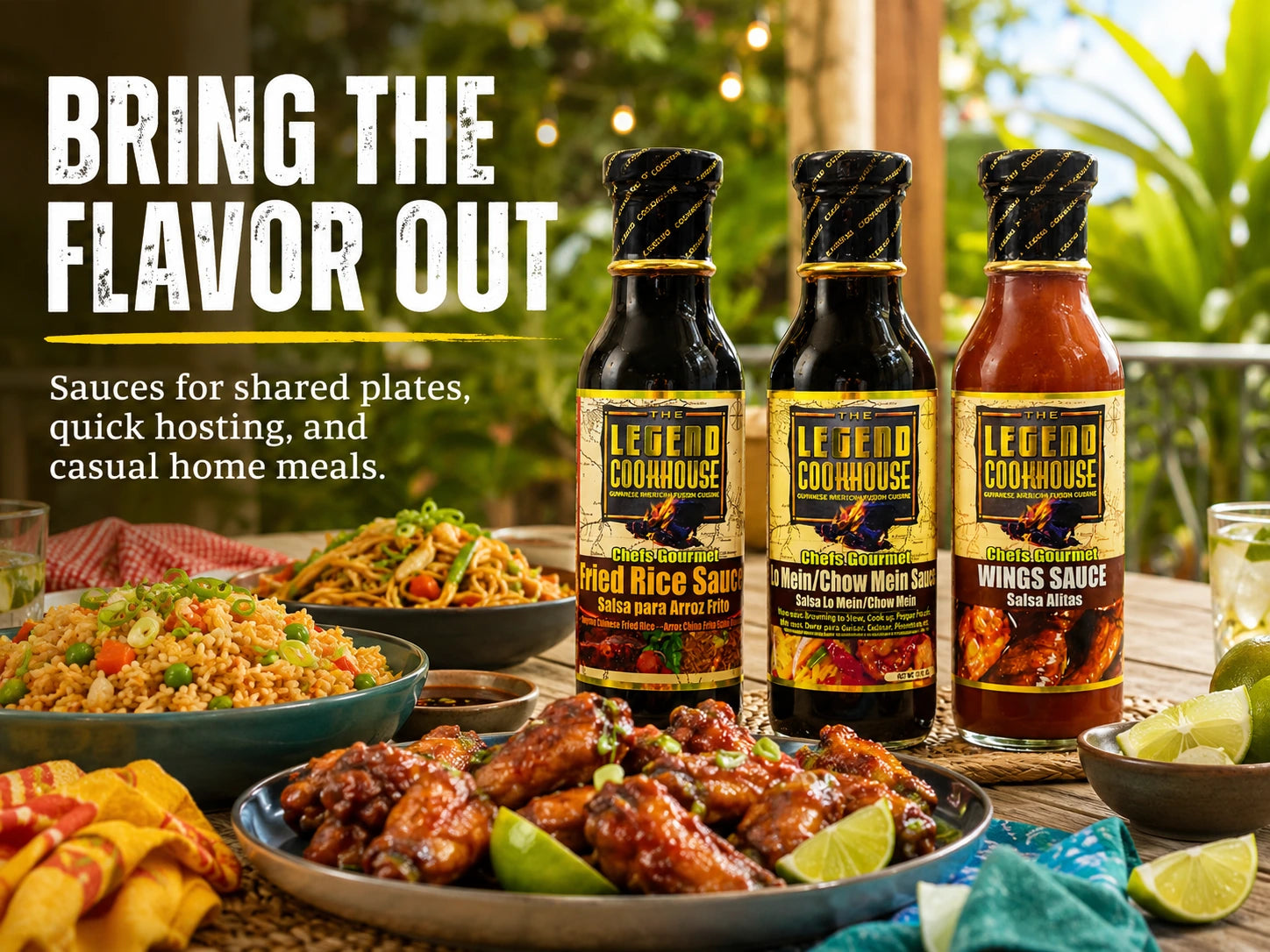 Legend Chefs Gourmet 3 Bottle Bundle in a bright outdoor or patio meal setting with shared plates, wings, rice, noodles, and fresh herbs.