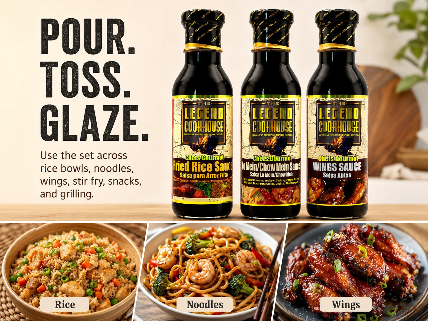 Instructional image for Legend Chefs Gourmet 3 Bottle Bundle showing the three sauces with use labels for rice, noodles, and wings.