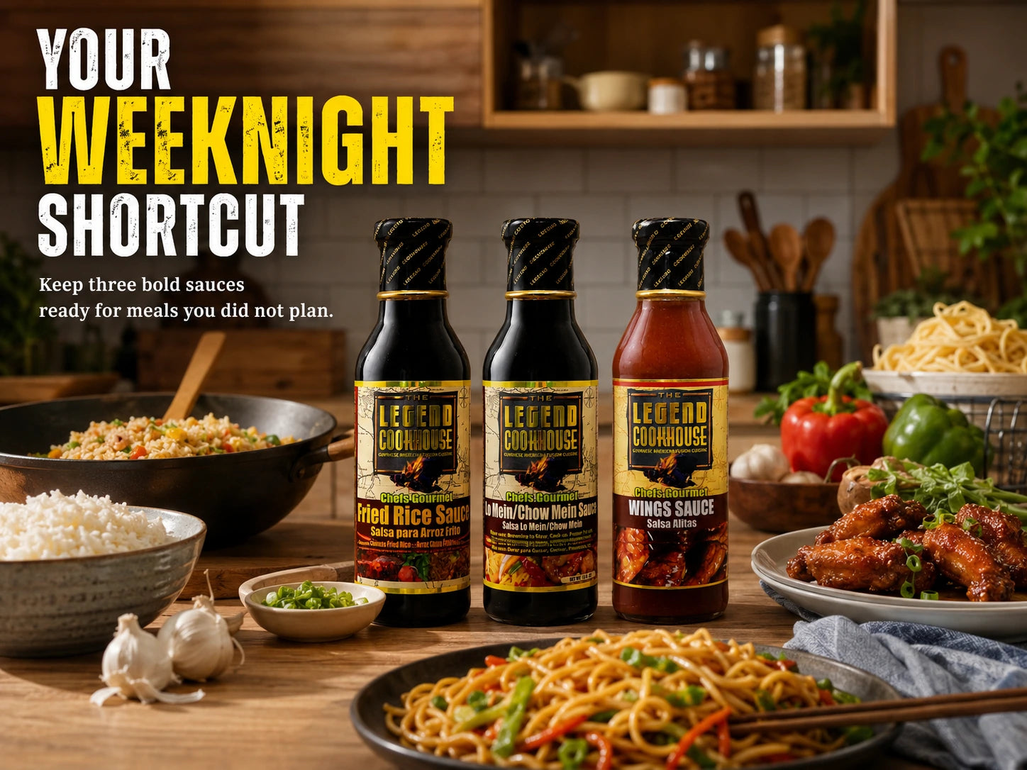 Legend Chefs Gourmet 3 Bottle Bundle on a home kitchen counter with rice, noodles, vegetables, and cookware for weeknight meal prep.