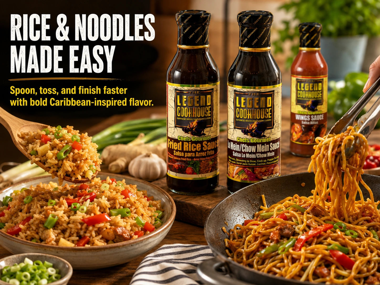 Legend Chefs Gourmet 3 Bottle Bundle image with Fried Rice Sauce and Chow Mein Sauce beside fried rice and chow mein noodles in a home-cooking scene.