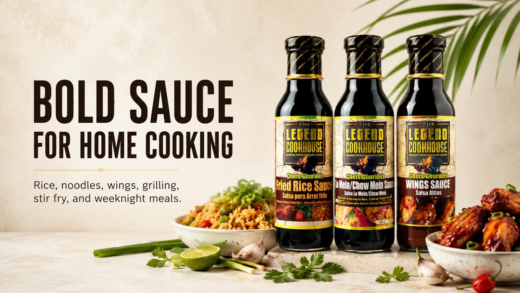 Wide banner image for Legend Chefs Gourmet 3 Bottle Bundle with the three sauces, meal cues, and flexible negative space.