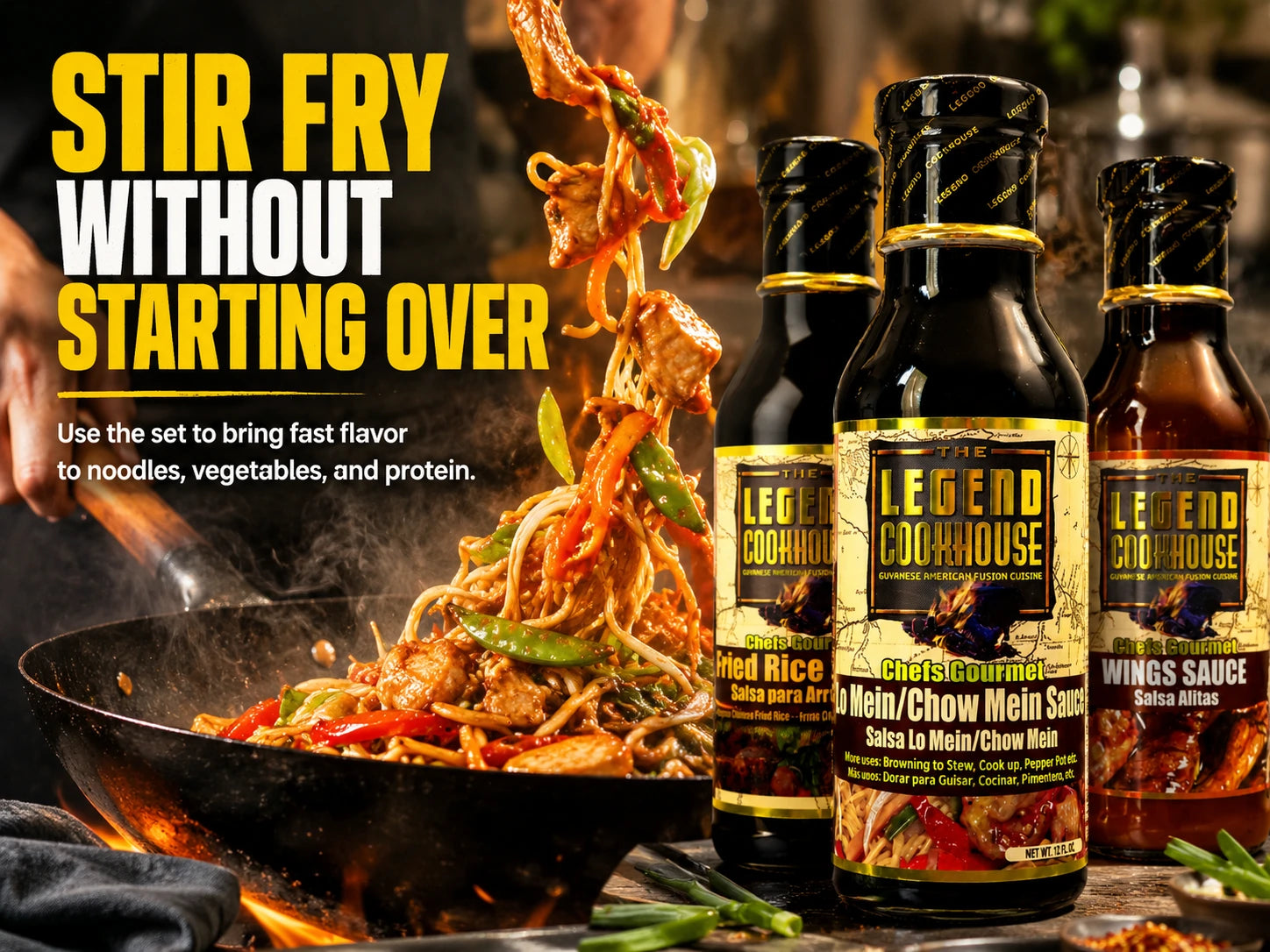Legend Chefs Gourmet Chow Mein Sauce bottle with stir fry noodles, vegetables, and wok-night cooking action.