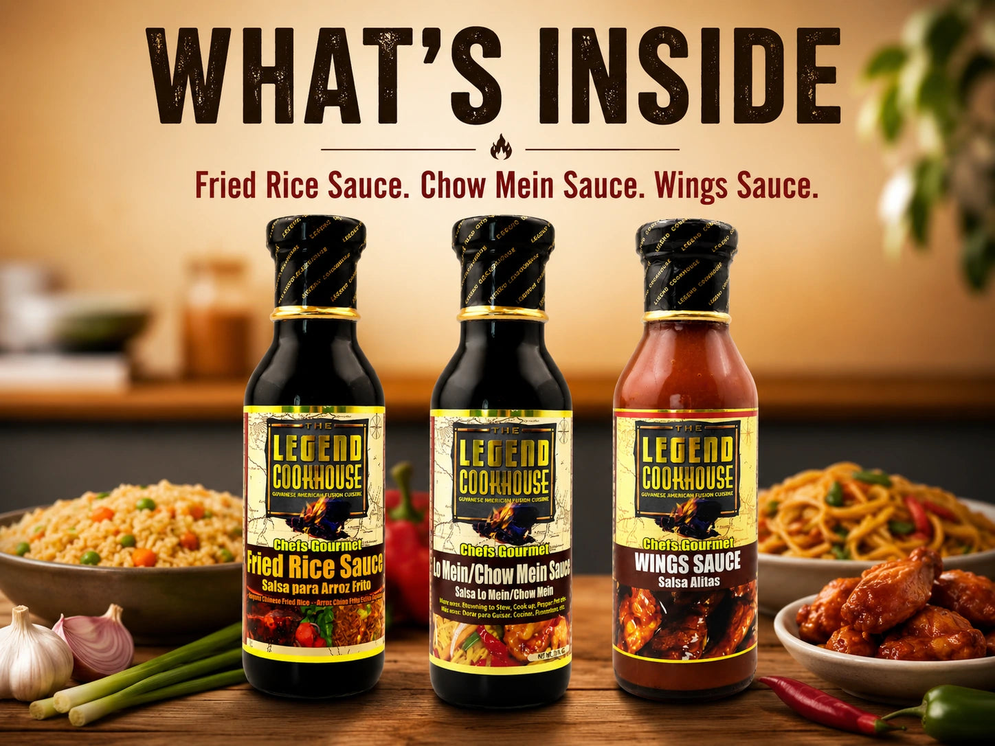 Legend Chefs Gourmet 3 Bottle Bundle showing Fried Rice Sauce, Chow Mein Sauce, and Wings Sauce with a clear what's inside message.