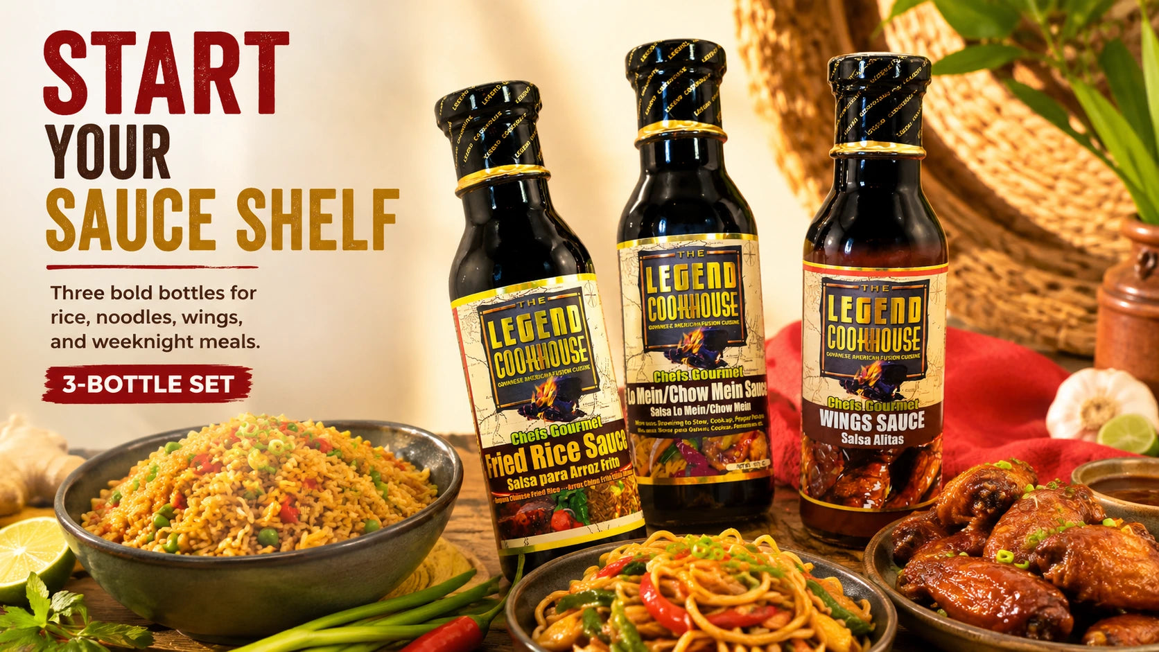 Legend Chefs Gourmet 3 Bottle Bundle with Fried Rice Sauce, Chow Mein Sauce, and Wings Sauce beside fried rice, chow mein noodles, glazed wings, and fresh ingredients.