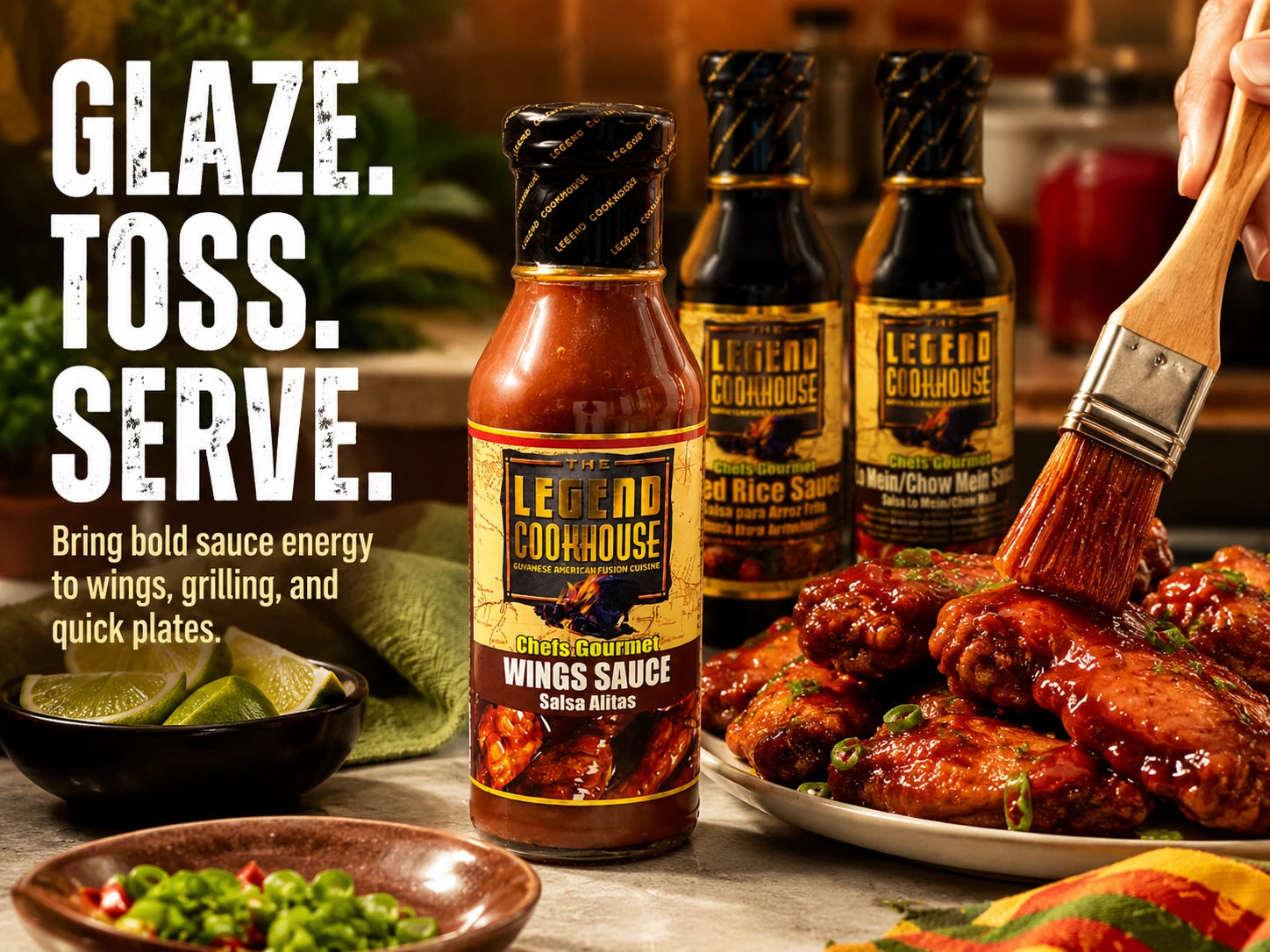 Legend Chefs Gourmet Wings Sauce bottle with glossy glazed wings in a home-cooking or casual outdoor setting.