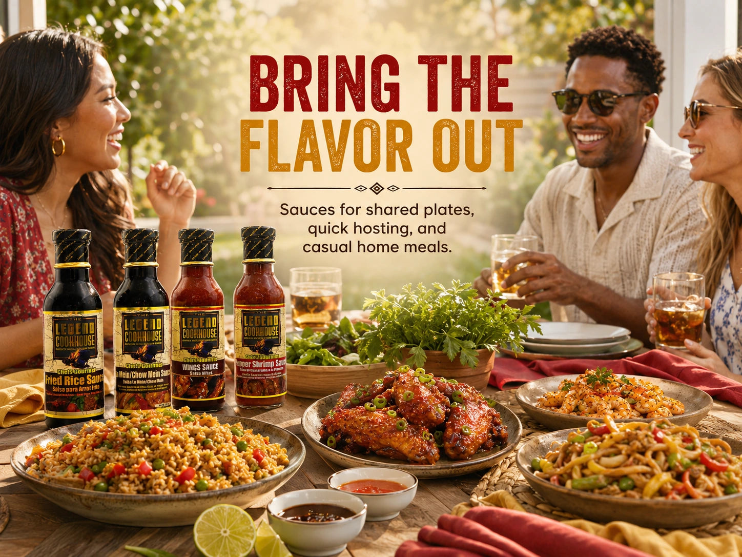 Outdoor entertaining image for Legend Chefs Gourmet Chinese 4 Bottle Bundle with shared plates, sauces, rice, wings, noodles, shrimp, and Bring the Flavor Out copy.