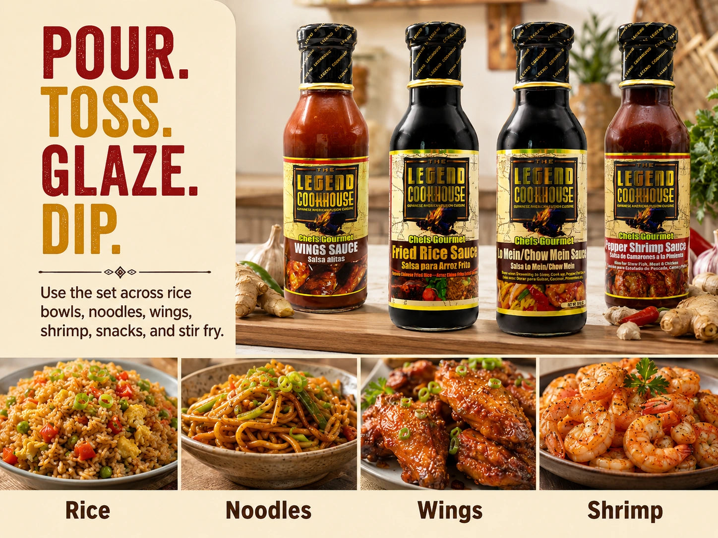 Instructional image for Legend Chefs Gourmet Chinese 4 Bottle Bundle showing four bottles and use labels for rice, noodles, wings, and shrimp.