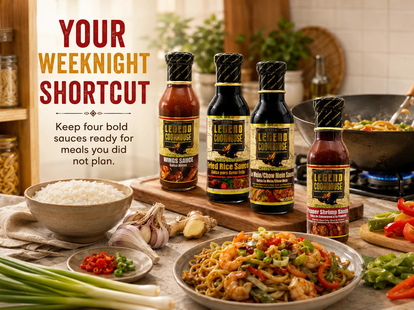 Legend Chefs Gourmet Chinese 4 Bottle Bundle in a home kitchen prep scene with rice, noodles, vegetables, and Your Weeknight Shortcut copy.