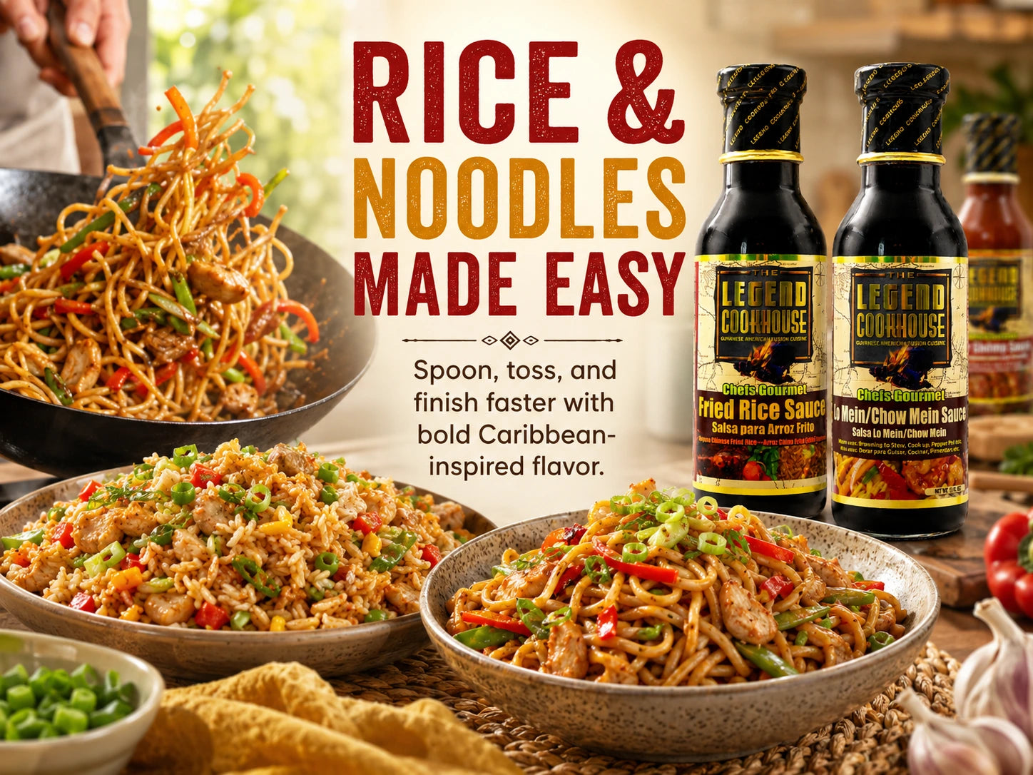 Legend Chefs bundle rice and noodles image with fried rice, stir-fry noodles, visible Fried Rice Sauce and Chow Mein Sauce bottles, and rice and noodles made easy copy.