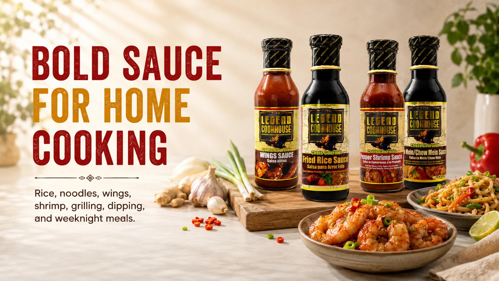 Wide banner image for Legend Chefs Gourmet Chinese 4 Bottle Bundle with four sauce bottles, shrimp, noodles, herbs, and Bold Sauce for Home Cooking copy.