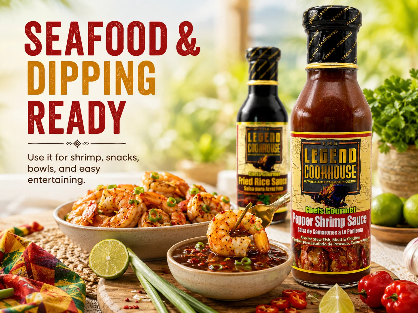 Legend Chefs Pepper Shrimp Sauce bottle with shrimp, lime, peppers, dipping sauce, and seafood and dipping ready copy.