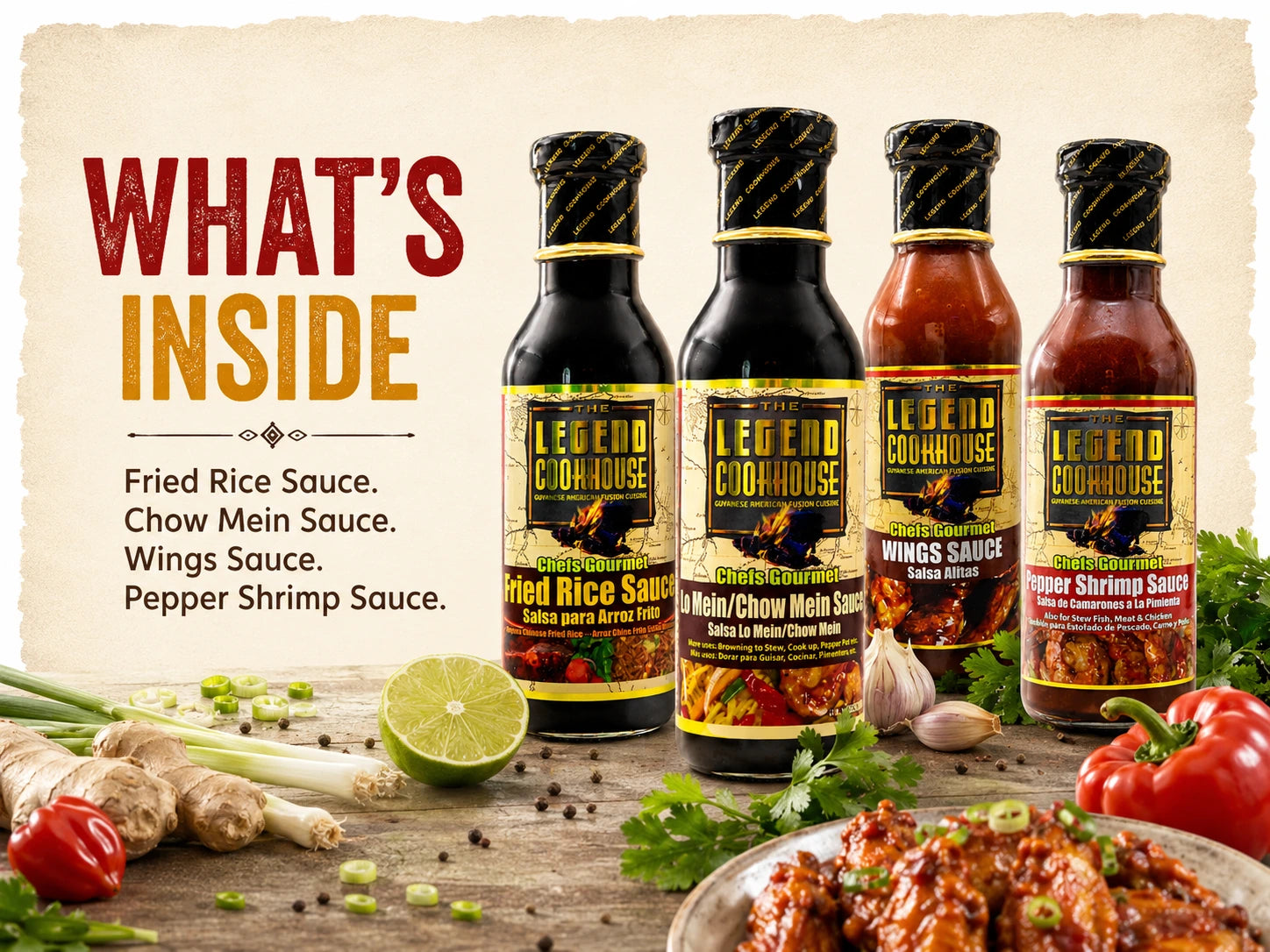 Legend Chefs Gourmet Chinese 4 Bottle Bundle product-family image listing Fried Rice Sauce, Chow Mein Sauce, Wings Sauce, and Pepper Shrimp Sauce.
