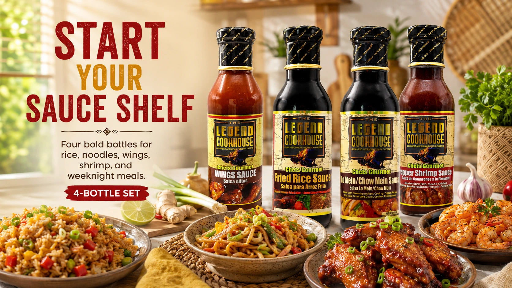 Legend Chefs Gourmet Chinese 4 Bottle Bundle for rice, noodles, wings, and shrimp home cooking