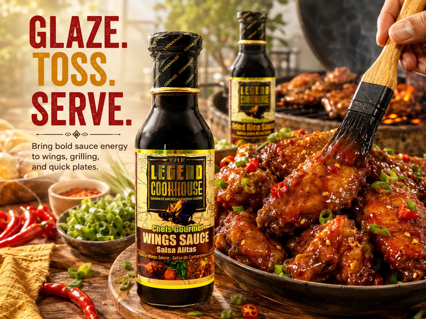 Legend Chefs Wings Sauce bottle beside glossy glazed wings with a hand brushing sauce and Glaze Toss Serve copy.