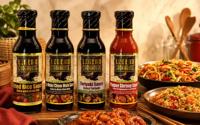 Legend Chefs Gourmet Chinese 4 Bottle Bundle sauces with noodles, fried rice, and shrimp in a warm kitchen setting