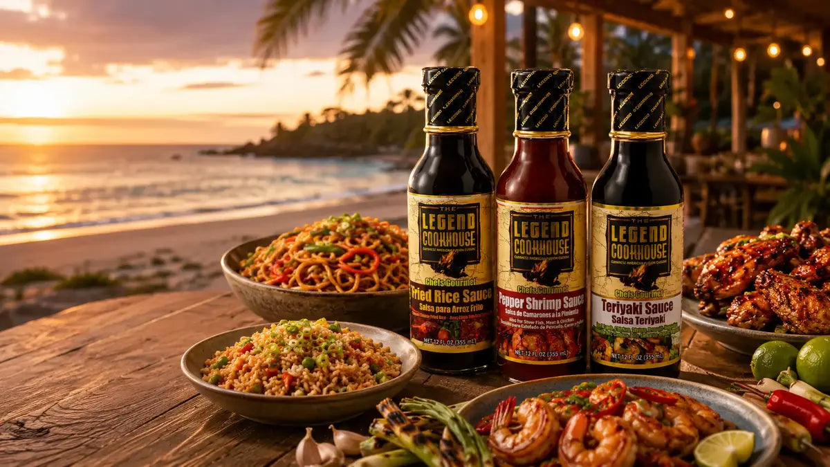 Legend Cookhouse Fried Rice, Pepper Shrimp, and Teriyaki sauce bottles with rice, noodles, shrimp, and wings in a Caribbean beachside dining setting