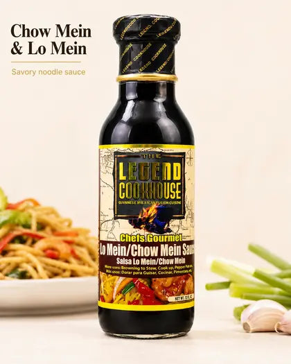 Legend Chow Mein and Lo Mein Sauce bottle on a warm cream product card background