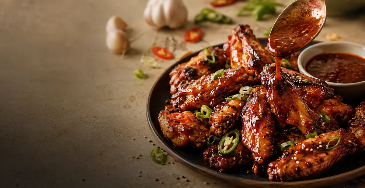 Premium sauce-use scene with glossy glazed wings, peppers, garlic, scallions, and sauce cues for heat, glaze, dip, and finish.