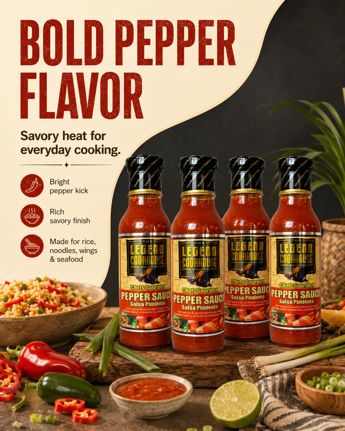 Legend Pepper Sauce 4 Pack bold pepper flavor image with peppers, rice, lime, and sauce