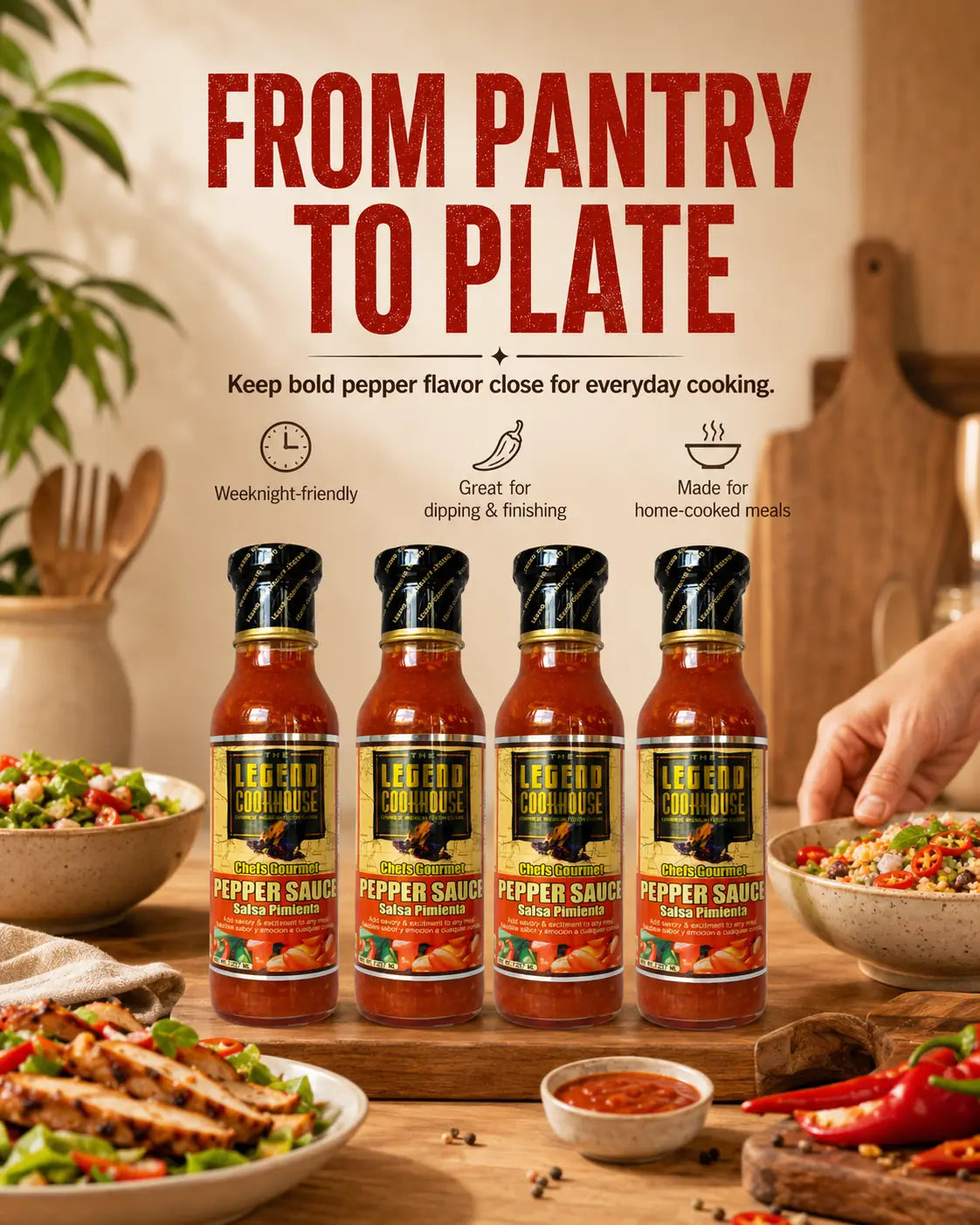 Legend Pepper Sauce 4 Pack from pantry to plate image with bowls, grilled chicken, peppers, and sauce