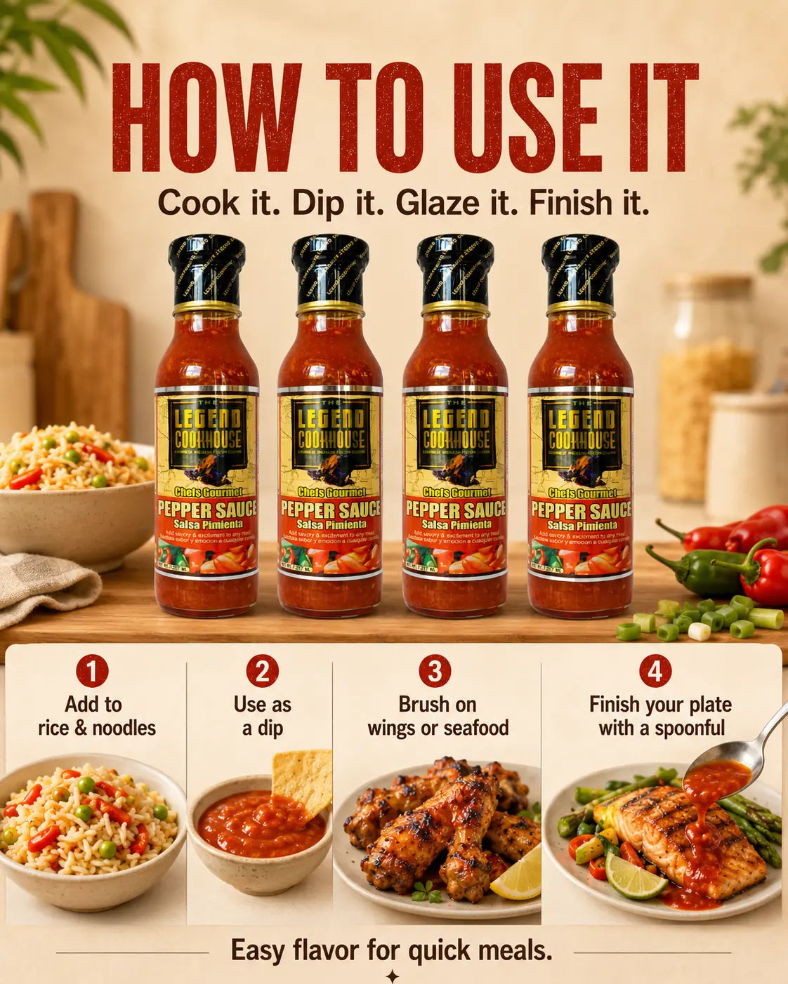 Legend Pepper Sauce 4 Pack how to use image showing rice, dip, wings, and finished fish