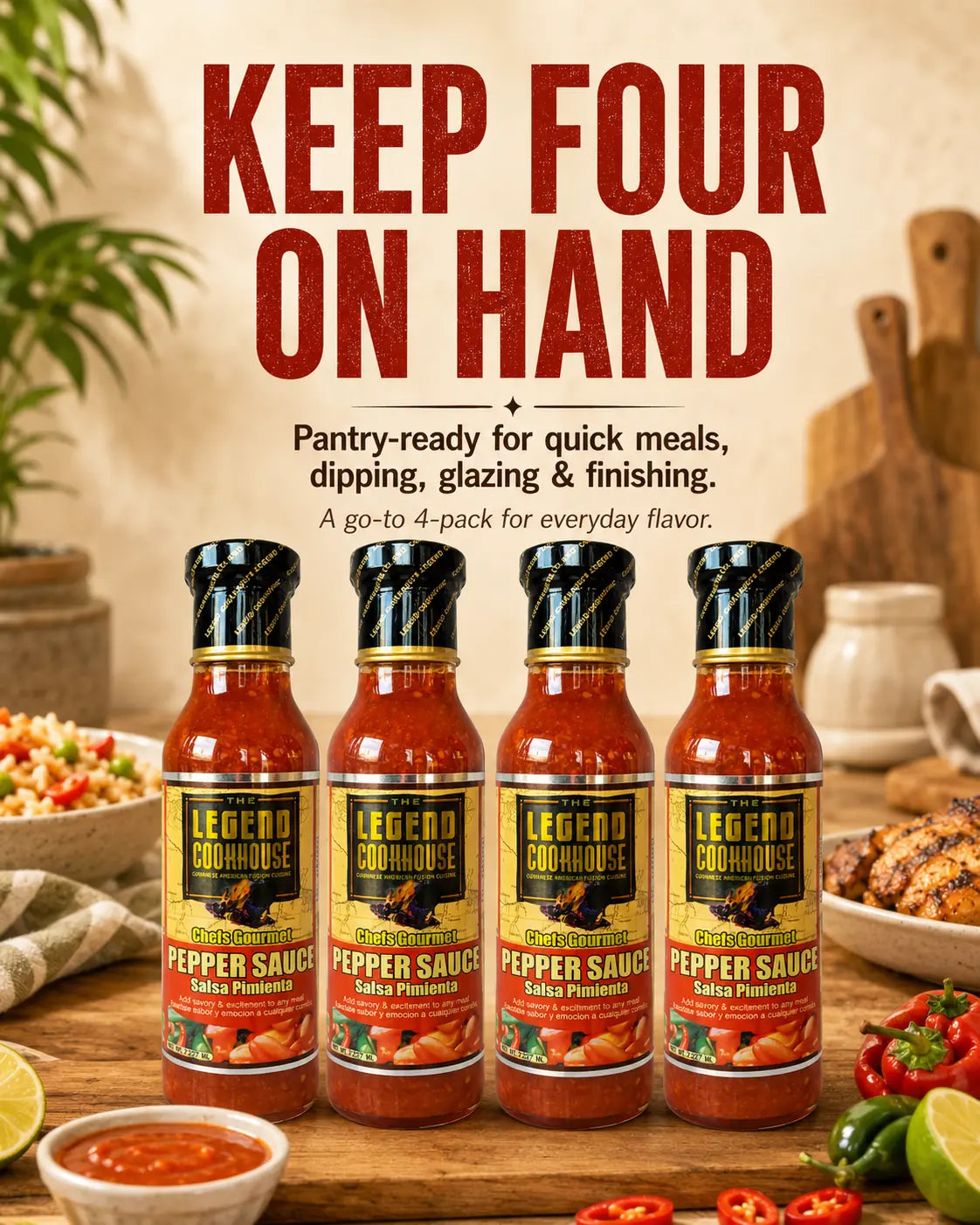 Legend Pepper Sauce 4 Pack keep four on hand image with rice, chicken, peppers, lime, and sauce