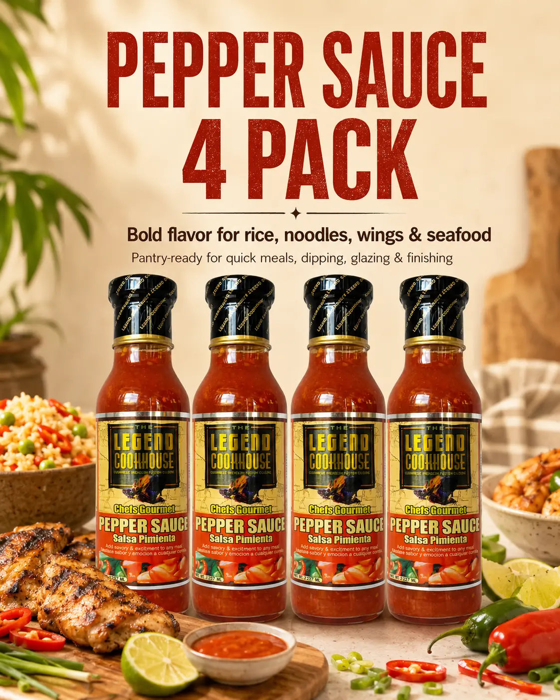 Legend Pepper Sauce 4 Pack with rice, chicken, peppers, and dipping sauce