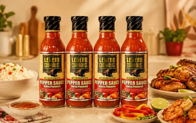 Four Legend Pepper Sauce bottles with rice, grilled chicken, shrimp, peppers, and sauce in a warm kitchen setting