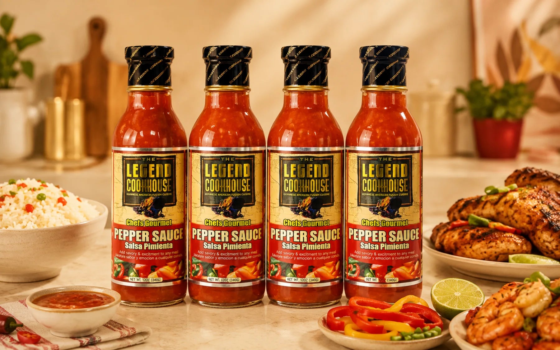 Legend Pepper Sauce 4 Pack with four Pepper Sauce bottles and weeknight meal ingredients
