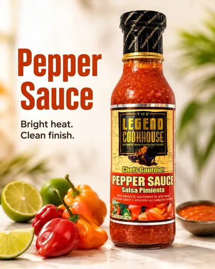 Legend Pepper Sauce bottle on a bright product card background