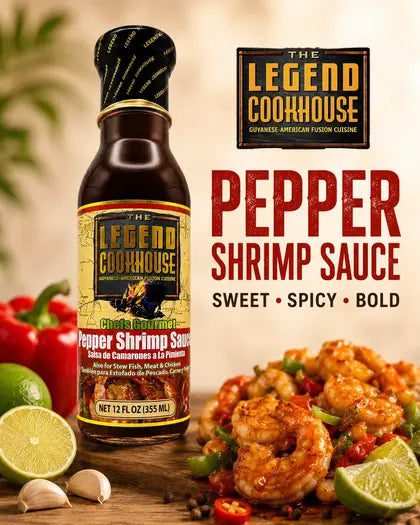 Legend Pepper Shrimp Sauce bottle on a warm cream product card background