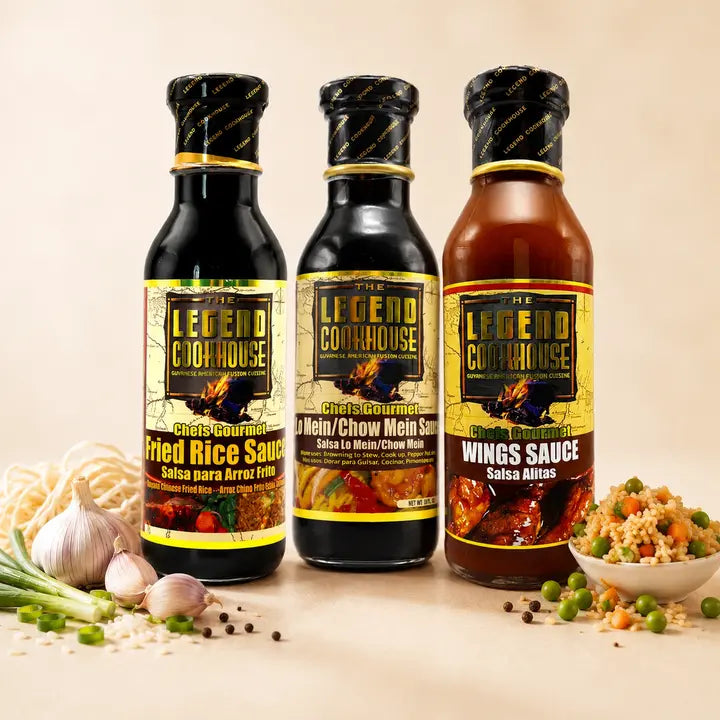 Legend 3 Bottle Bundle with Fried Rice Sauce, Chow Mein and Lo Mein Sauce, and Wings Sauce bottles with rice and wings in the background