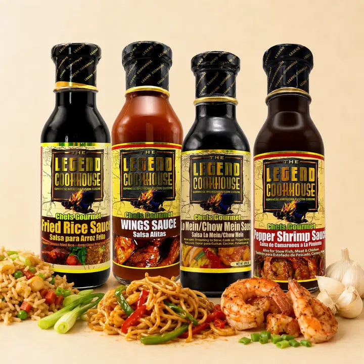 Legend Chinese 4 Bottle Bundle bottles with rice, noodles, shrimp, garlic, scallions, and warm cream background