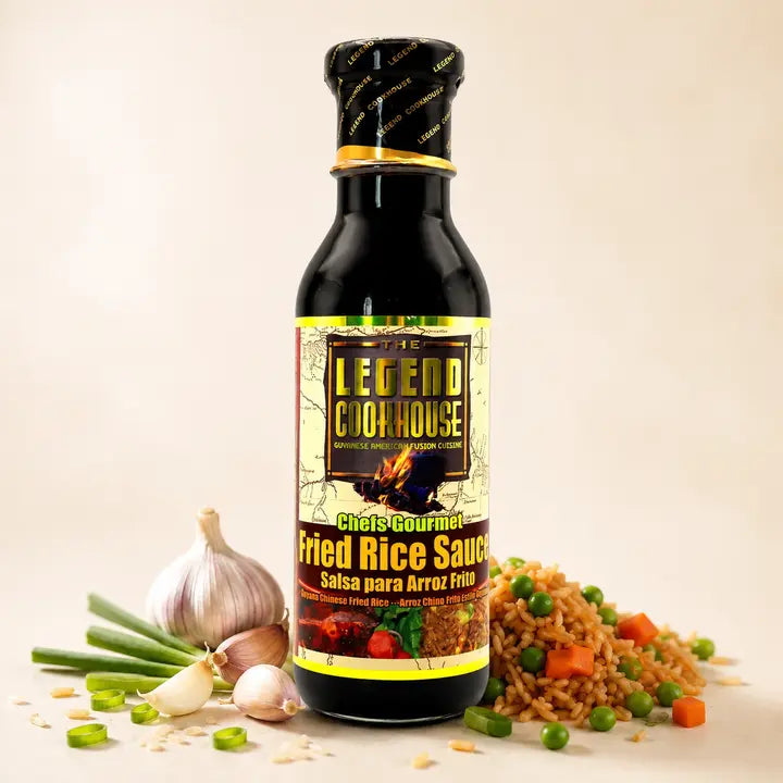 Legend Fried Rice Sauce bottle with fried rice, garlic, scallions, and warm cream background