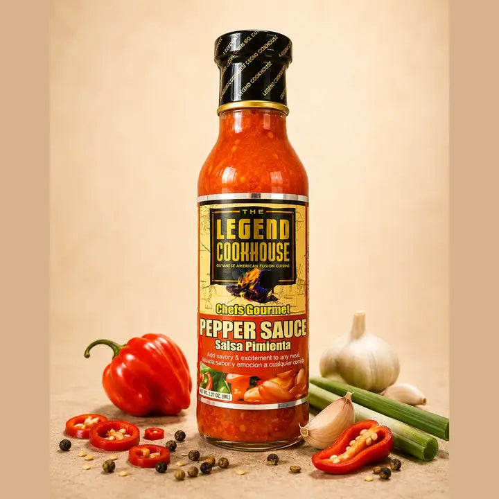 Legend Pepper Sauce bottle with red peppers, garlic, scallions, peppercorns, and warm cream background