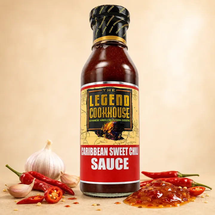 Legend Sweet Chili Sauce bottle with red chiles, garlic, sweet chili sauce, and warm cream background
