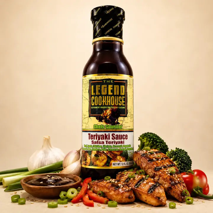 Legend Teriyaki Sauce bottle with glazed chicken, broccoli, garlic, scallions, and warm cream background
